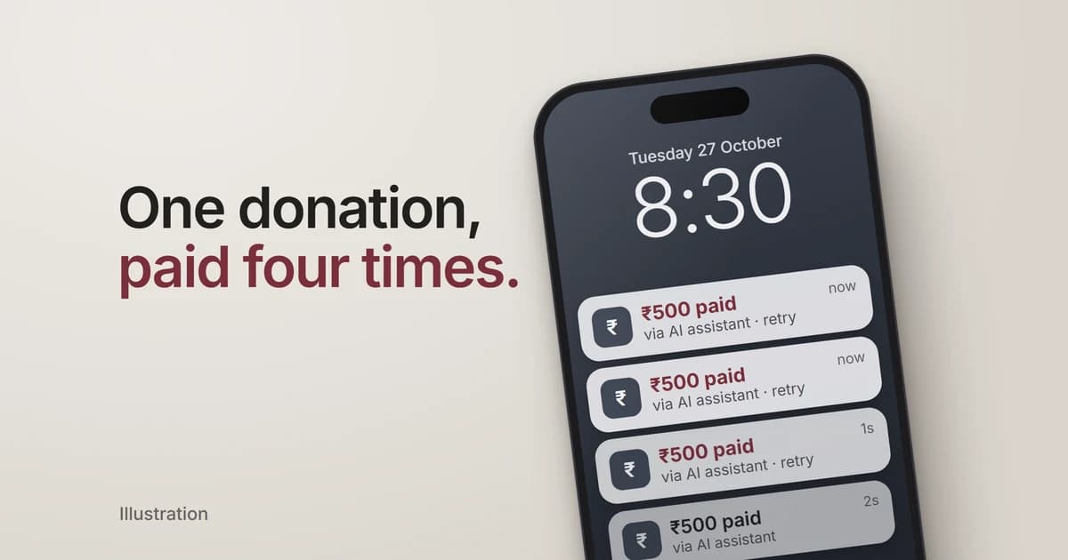 Illustration: a phone lock screen showing four identical ₹500 payment notifications, three of them marked retry