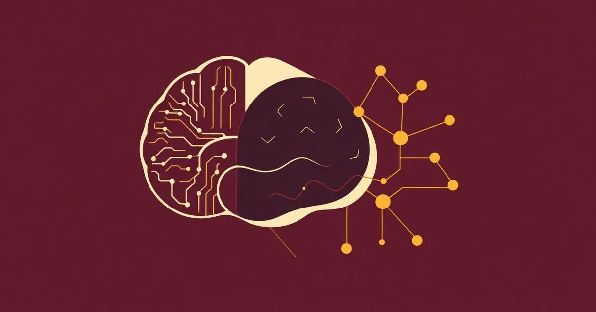 Editorial illustration: brain split between circuits and organic curves