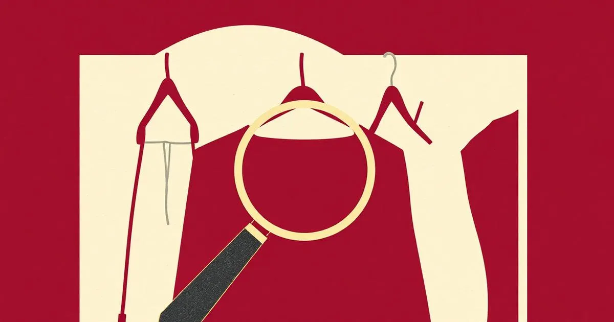 Editorial illustration: hangers behind a magnifying lens on deep-wine background