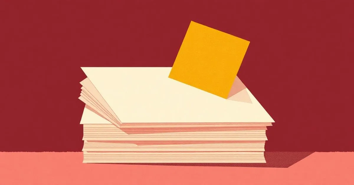 Editorial illustration: stack of index cards with one lifted priority card