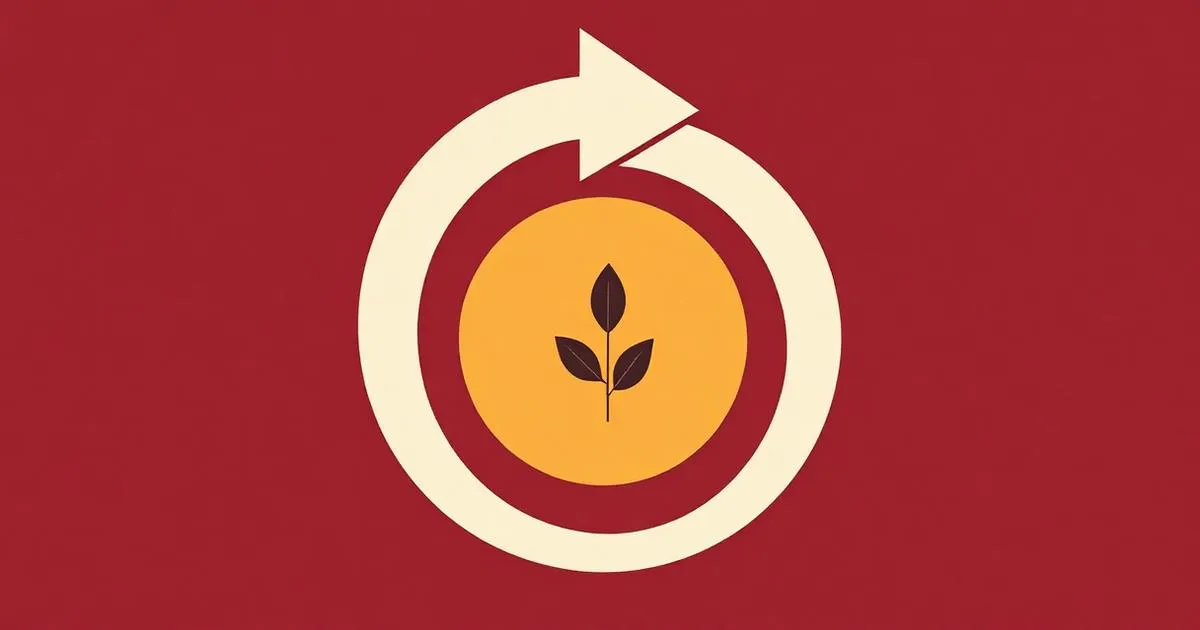 Editorial illustration: circular arrow with a sprout inside a gold circle